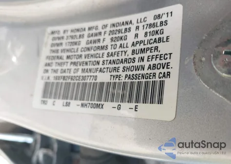 2012 Honda Civic Ex-L из США, поврежденный, VIN 19XFB2F92CE307770